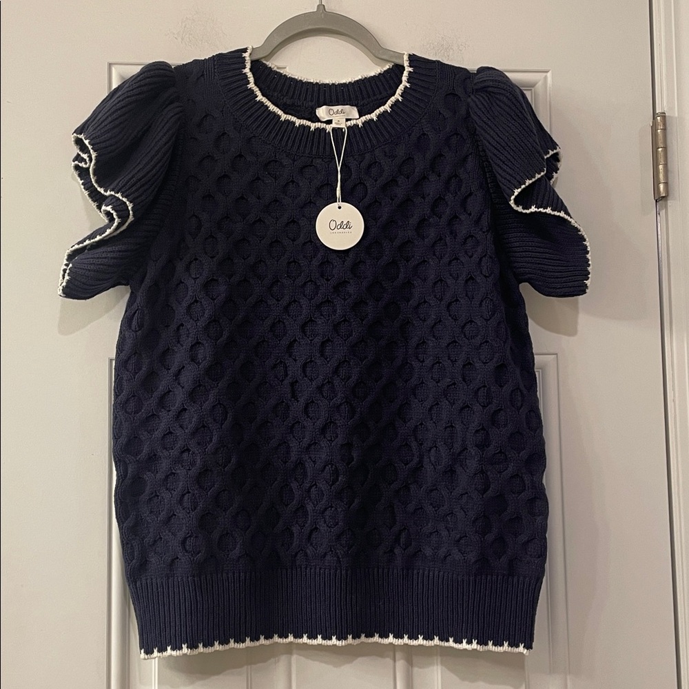 NWT Oddi Navy Blue Knit Flutter Sleeve Sweater S